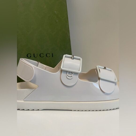 Gucci Rubber Sandal Mini Double GG Logo Slides Dusty White Strap - Picture 8 of 10